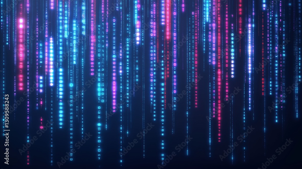 Leinwandbilder Futuristic digital data rain with glowing binary code falling on a dark background. Abstract cyber network concept featuring neon light particles, large numbers, and technology matrix effect in blue, 