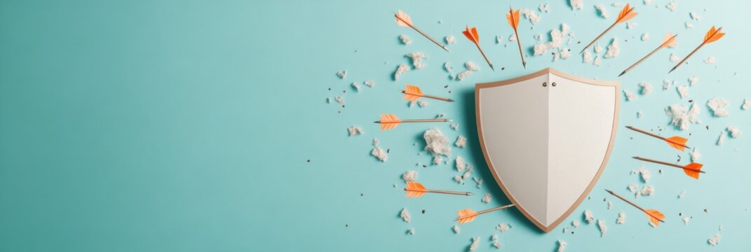 Visual metaphor of a shield resisting arrows as a representation of challenges in accepting criticism