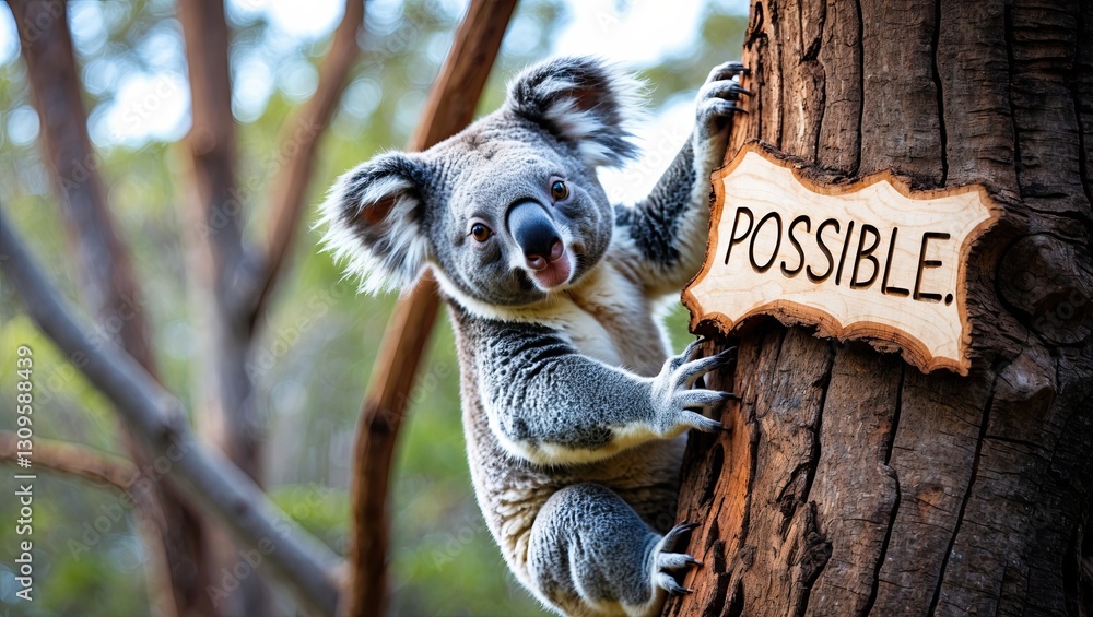 Poster a koala clinging to a tree, appearing curious while peering at a wooden sign that reads 'possible' i