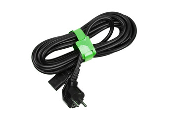 A coiled black power cable with a European plug and a green Velcro strap for organization, isolated...