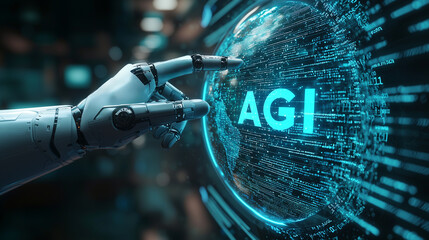 Humanoid robot hand touches letters AGI on holographic screen Future artificial general intelligence transcends limits.
