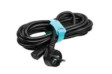 A coiled black power cable with a European plug and an IEC connector, secured with a blue Velcro...