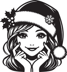 Woman Wearing Christmas Cap on Her Head - Black Vector Illustration