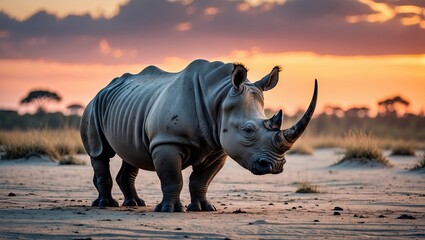 Fototapeta premium A majestic rhinoceros stands in the sandy landscape at sunset, with vibrant colors in the sky and grasslands in the background