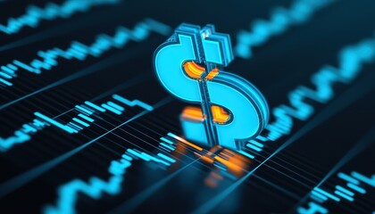 Economic Windfall concept. A vibrant digital dollar sign stands prominently against a backdrop of fluctuating financial graphs, symbolizing modern finance and investment trends.