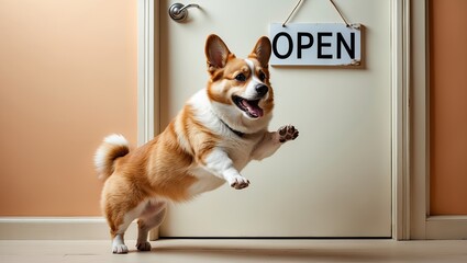 Playful dog jumping joyfully in front of an open door, exuding happiness and energy in a cozy interior setting