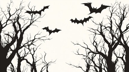 Spooky dead trees silhouette with bat