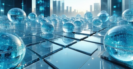 Dreamy modern sphere grid render translucent ice blue spheres structured chrome cubes arranged smooth glowing futuristic gradient