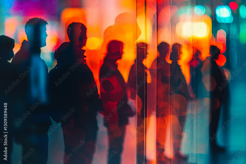 Poster public crowd standing in store generative ai technology