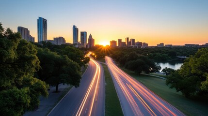 Stunning sunrise cityscape with highway light trails, showcasing modern architecture and lush green spaces.