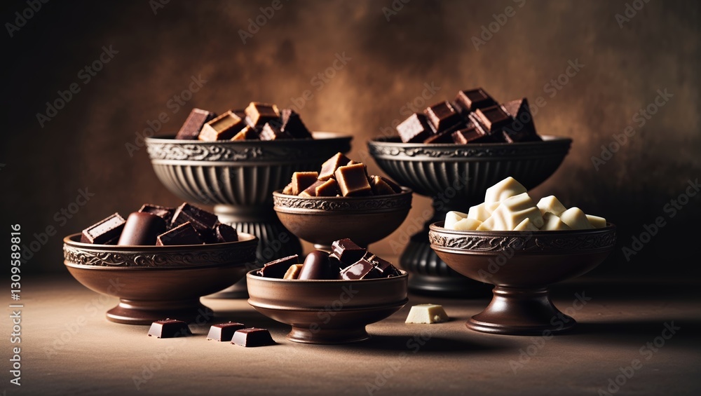 Poster assorted chocolate pieces displayed in elegant bowls on a textured surface in a warm, candlelit sett