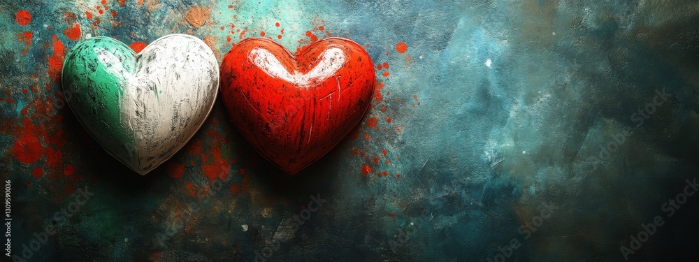 Poster artistic representation of two colorful hearts symbolizing unity and diversity with textured backgro