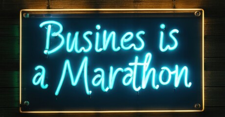 Obraz premium Neon sign business is marathon radiant sapphire warm jade mounted inside endurance focused entrepreneur retreat softly glowing scenic backdrops