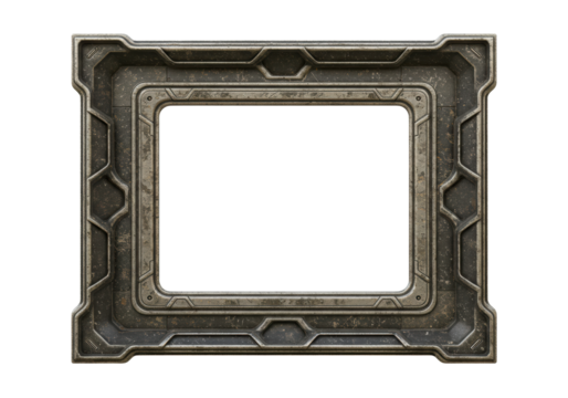 Industrial Sci-Fi Metal Frame: Weathered Steel Border with Geometric Design.Isolated white background..Full transparent PNG. 