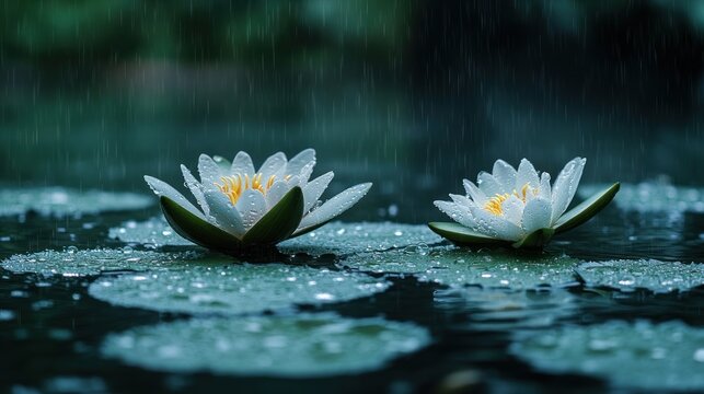 Rain-Kissed Lilies in Pond