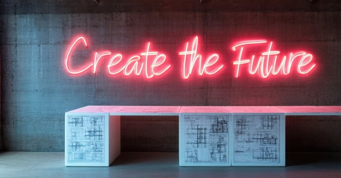 Naklejki Neon sign create future crimson soft teal glowing modern industrial loft softly illuminating blueprint covered tables
