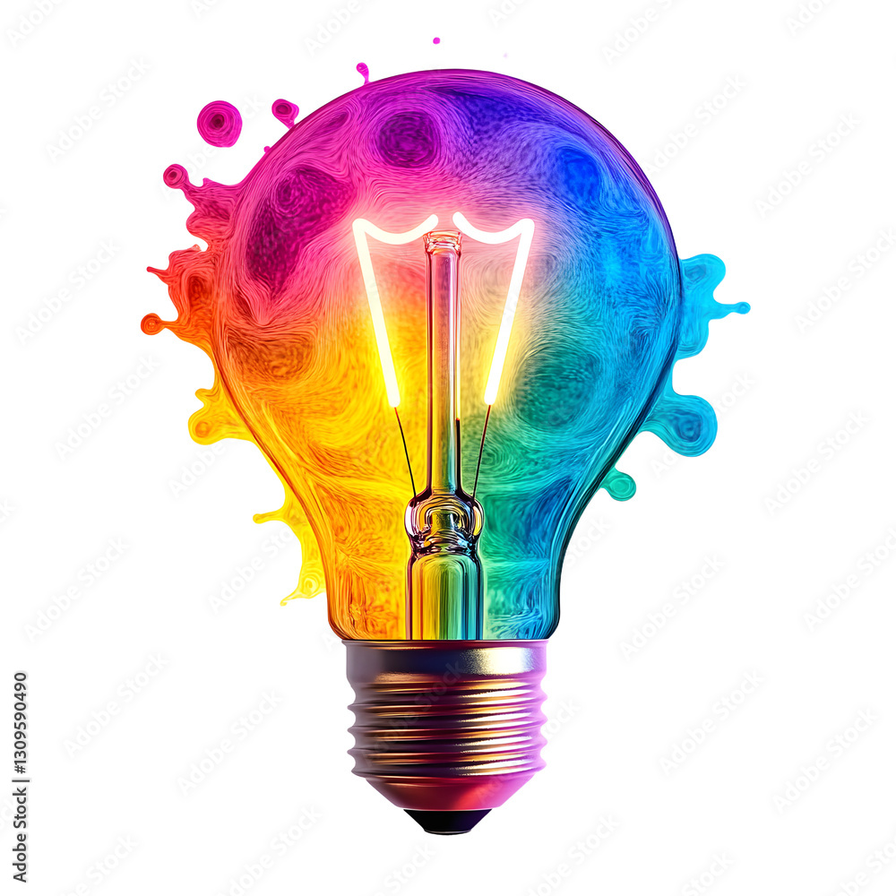 Poster a colorful glowing idea bulb lamp, isolated design element on transparent background, visualization 