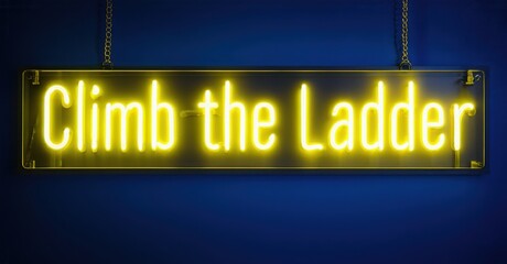 Neon sign climb ladder bright yellow deep navy floating stock market trading floor softly reflecting off glowing financial tickers