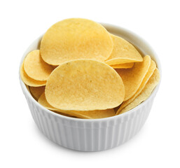 Tasty potato chips in bowl isolated on white