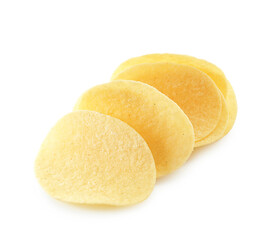 Many tasty potato chips isolated on white