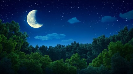 Fototapeta premium Serene night sky over lush forest with a glowing moon and twinkling stars, creating tranquility