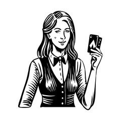 Female croupier holding cards in left hand, vintage character illustration
