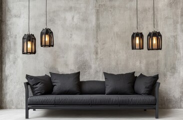 Modern living room with a dark gray sofa and pendant lights against a textured concrete wall.