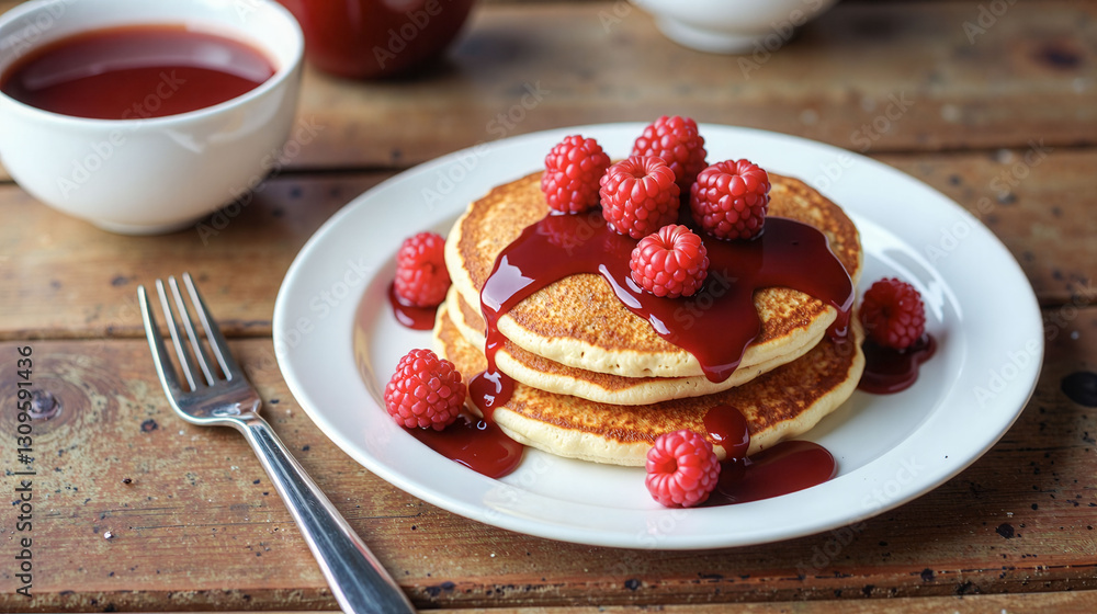 Poster a stack of pancakes with raspberry syrup and berries on top. the plate is on a wooden table