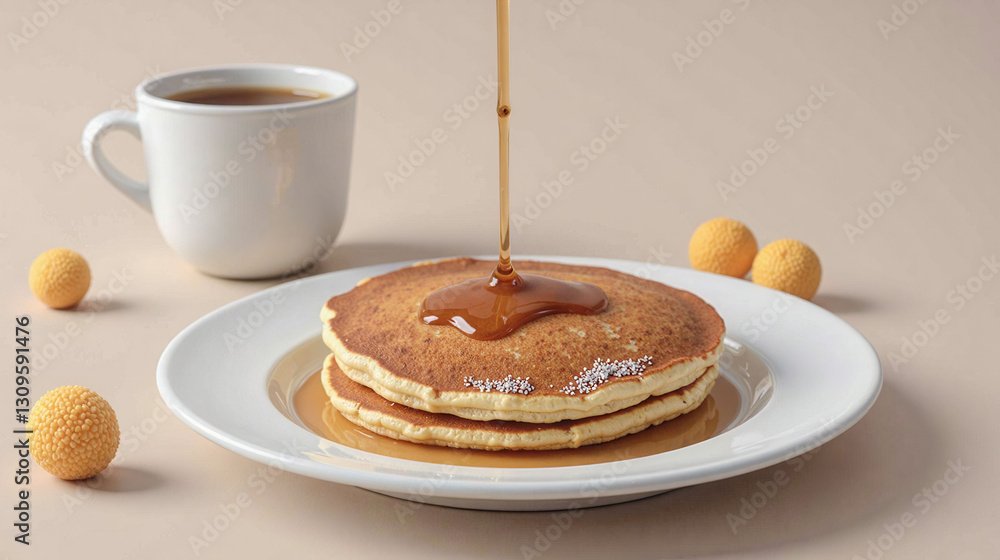 Poster a stack of pancakes drizzled with syrup on a white plate. the plate is placed on a table with a cup 
