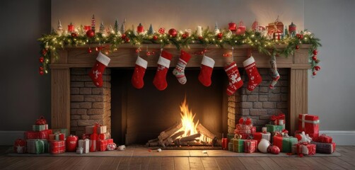 Fototapeta premium Wooden mantel decorated with Christmas stockings and garlands , ribbons, cozy fireplace