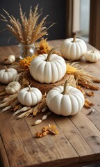 Wooden table arrangement with white pumpkin and dried corn, rural charm, farm style