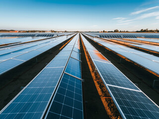 Time-lapse effect of shadows moving across a solar panel farm at different times of the day Ai Generate.