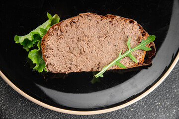 Pate meat chicken liver with mushrooms tasty fresh delicious gourmet food background on the table rustic food top view copy space