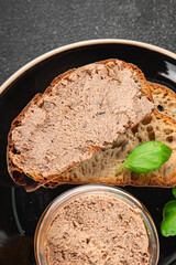 Pate meat chicken liver with mushrooms tasty fresh delicious gourmet food background on the table...