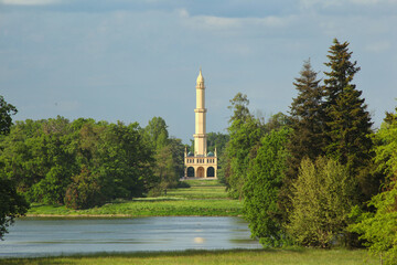 Fototapeta premium Lednice, Czech Republic, Moravia. Minaret in the Lednice Castle Park.