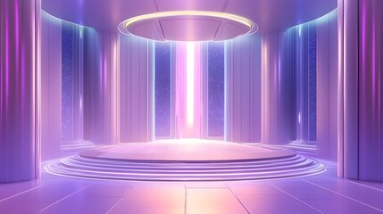 A futuristic glowing skyline with a circular platform or podium in the center representing the bright future of leadership innovation and technological efficiency