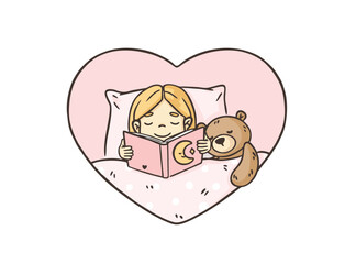 Girl reading a book with a teddy bear in bed vector illustration