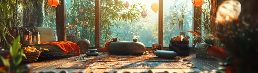 Serene Interior Space with Natural Light and Tranquil Elements