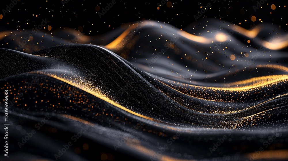 Poster abstract dark waves with golden particles.