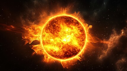 Obraz premium The blazing sun burns fiercely in the vast expanse of space, surrounded by the planets of the solar system, as a solar storm rages in the backdrop of a star-filled black sky.