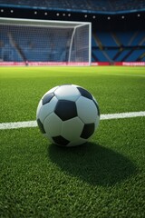 soccer ball on the field with goal in the background