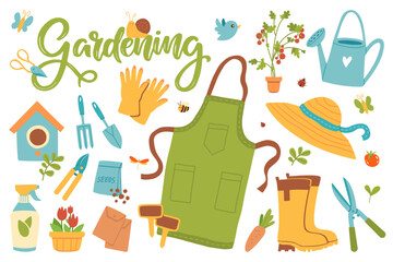 Colorful Gardening Tools and Supplies with Nature Elements Illustration