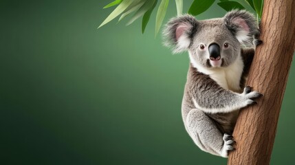 Adorable Koala on a Tree Branch - A cute koala bear clings to a tree branch against a soft green background. Perfect for nature, wildlife, and animal-themed projects