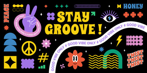 Obraz premium Colorful retro groovy design with vibrant typography, peace symbols, and decorative patterns. Bright nostalgic illustration for fun and upbeat retro-themed projects or serigraphy.