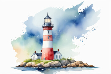 Watercolor illustration of a lighthouse on the rocks near the sea on a white background.