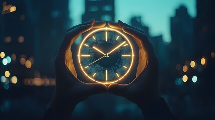 A glowing clock with illuminated hands at the center of a night city skyline emphasizing the balance and management of time as a key aspect of leadership and influence in the modern urban landscape