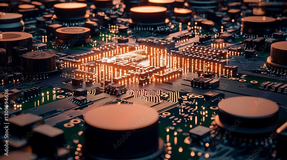 Poster close-up view of a circuit board with glowing components and intricate patterns, showcasing technolo