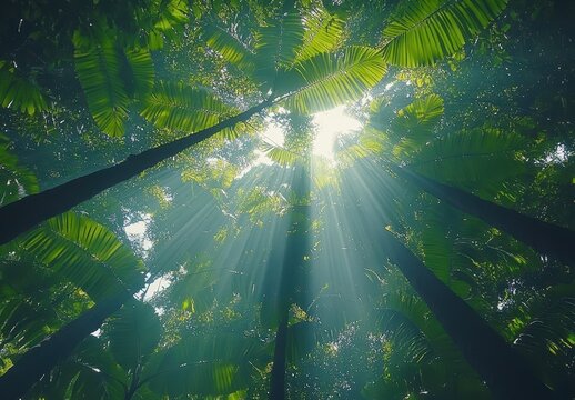 Lush Tropical Rainforest Canopy with Sunlight Filtering Through Green Leaves and Creating Rays in the Misty Air Above Ground Level