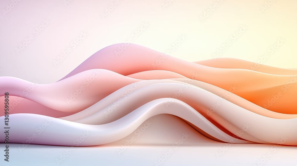 Poster a serene composition of flowing waves in soft pink and white hues, creating a calming and modern aes