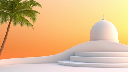 Fototapeta premium A serene scene featuring a white dome structure with curved steps, a palm tree, and a vibrant sunset background.